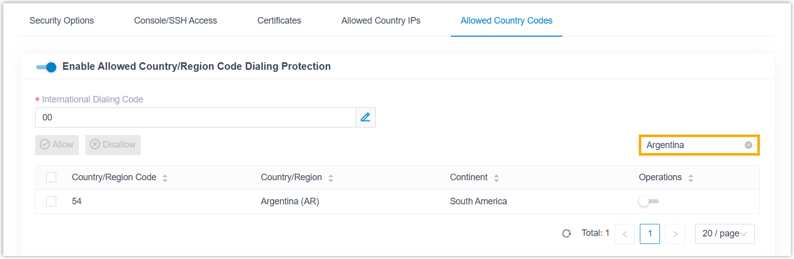 Country list filtered to Argentina, ready to be allowed