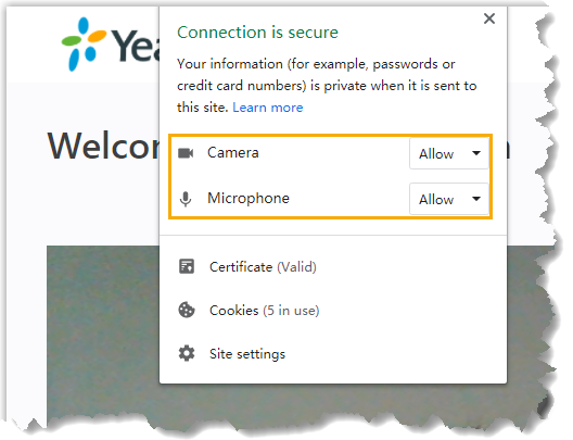 Browser dialog showing microphone and camera permissions