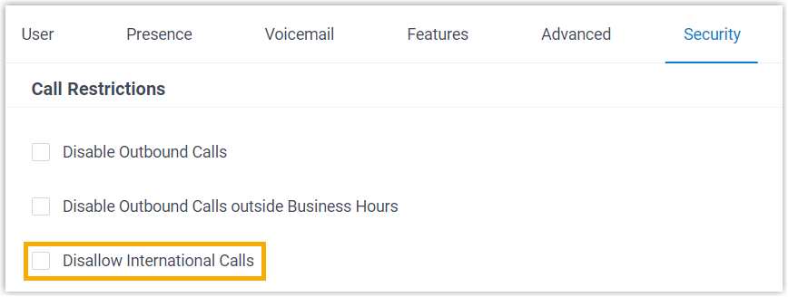 Allowing international calls for a single extension