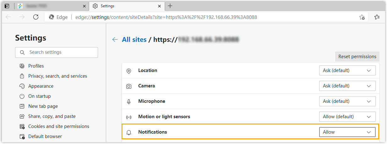 The Edge site settings page with the Notifications permission set to Allow