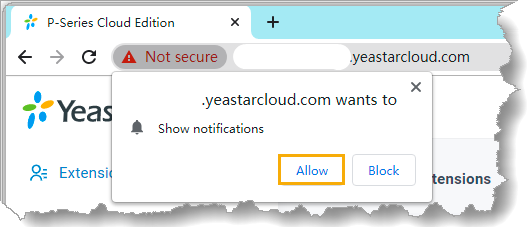 Cloud Voice, browser prompt asking permission to show notifications, with the Allow option highlighted