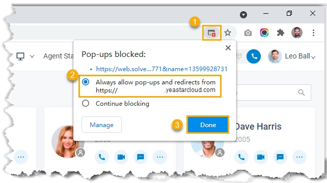 Cloud Voice, allowing pop-ups and redirects in the browser