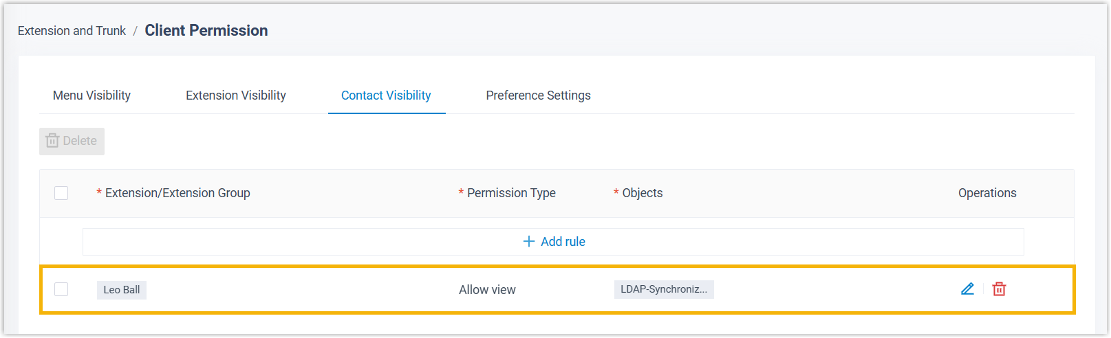 Contact Visibility settings granting a user access to the LDAP phonebook