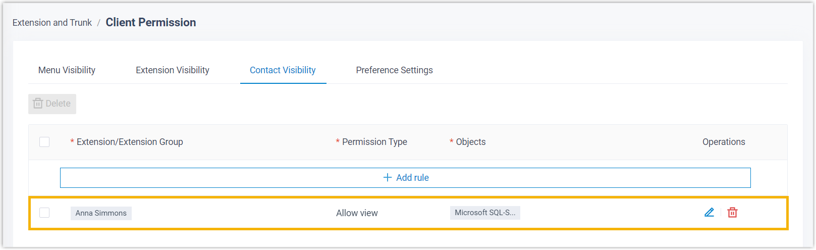 Client permission setting that lets extension users see and call the synced phonebook