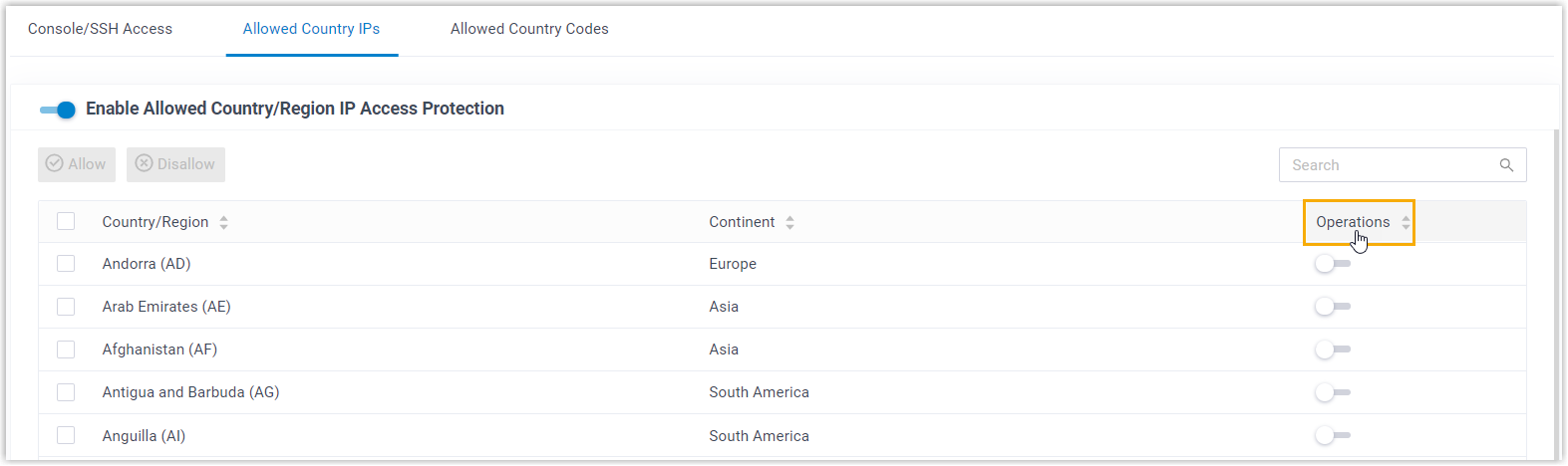 Allowed country and region list with the reorder control next to the Operations column