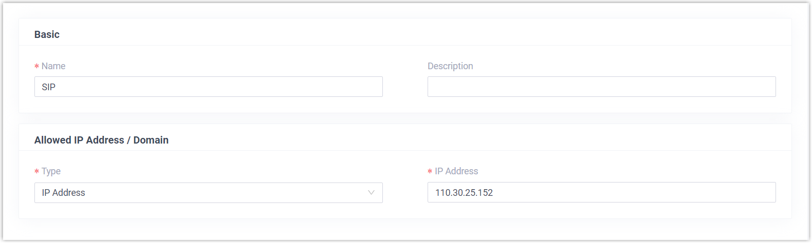 Form for adding a trusted IP address rule under the Allowed IPs tab