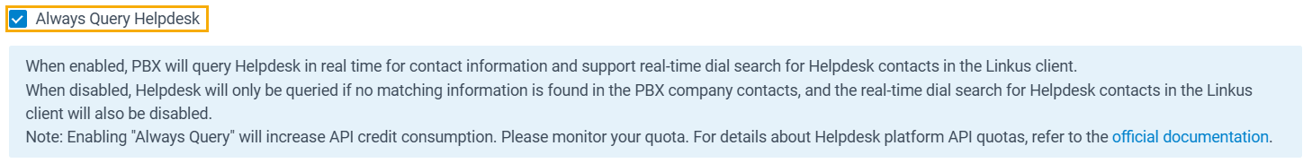 Cloud Voice, Always Query Helpdesk toggle in the contact synchronization settings