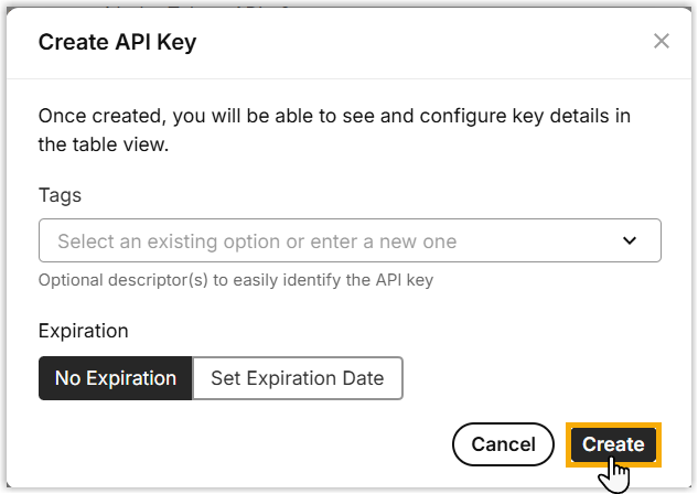 Telnyx dialog for setting an API key tag and expiration date