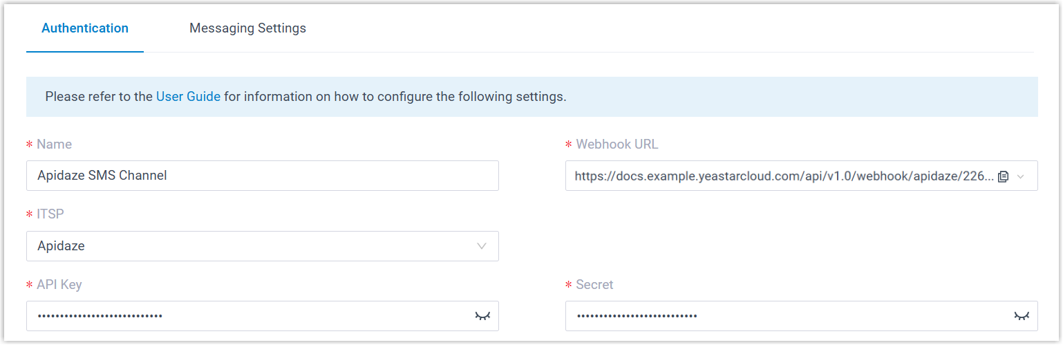 Cloud Voice, Authentication tab where you enter the Apidaze API key and secret for a new SMS channel