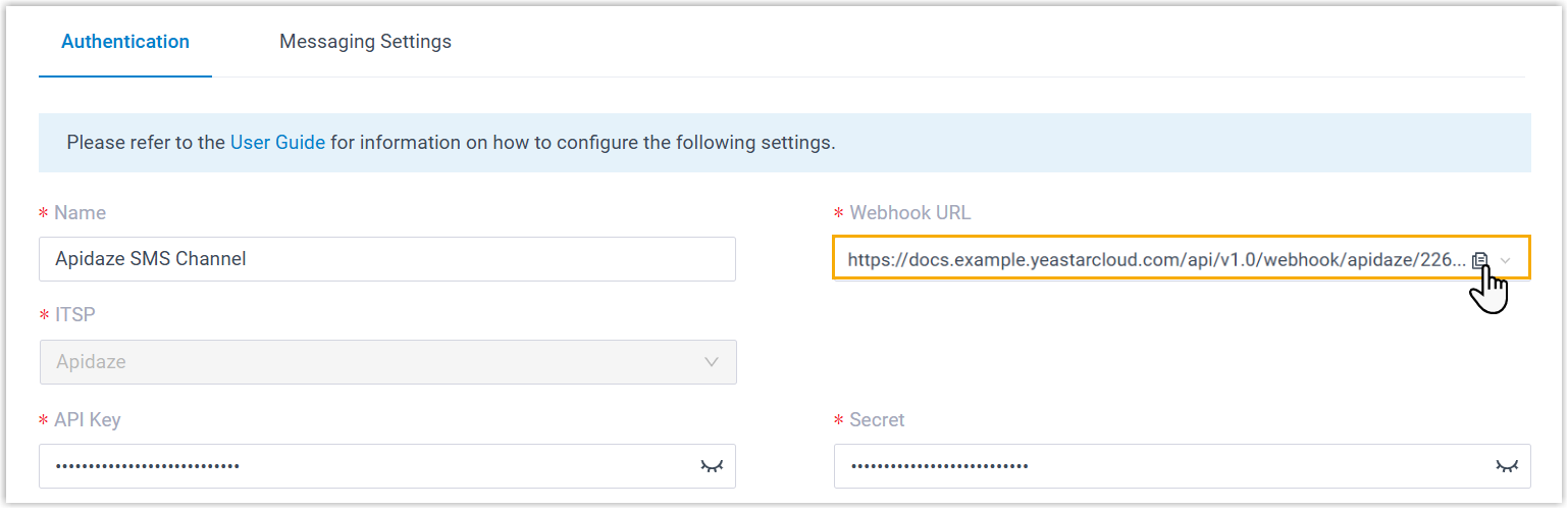 Cloud Voice, Authentication tab showing the webhook URL to copy into Apidaze