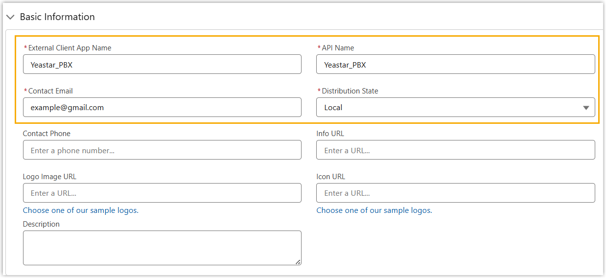 Cloud Voice, the basic information fields for the external client app