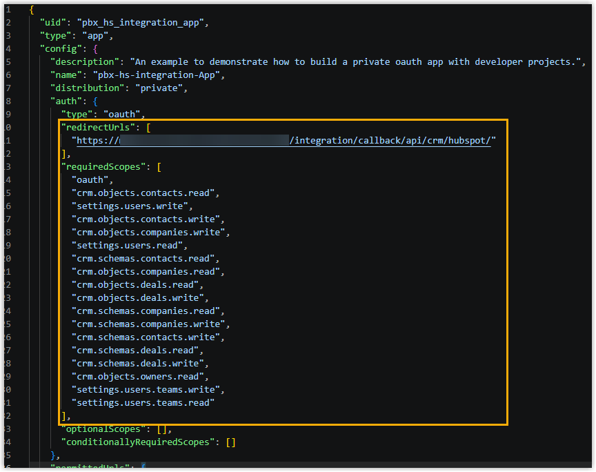 The app-hsmeta.json file with the redirect URL and scope settings