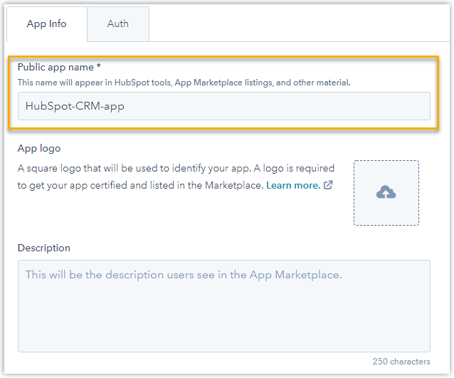 App Info tab with fields for the public app name, logo, and description