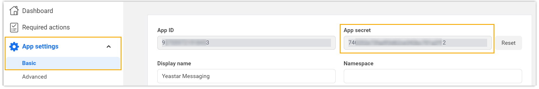 Cloud Voice, Basic app settings page with the App secret field
