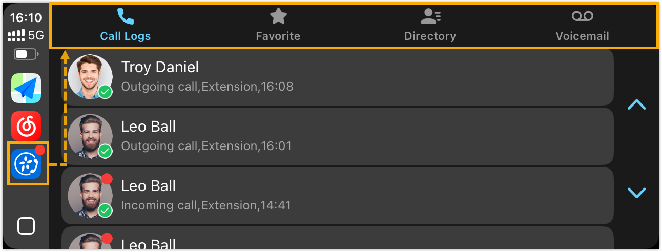 The Cloud Voice App home layout on a CarPlay display, showing Call Logs, Favorite, Directory, and Voicemail
