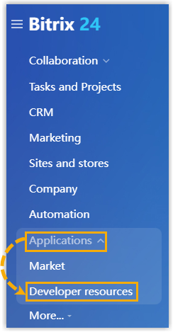 Applications menu expanded to show the Developer resources entry