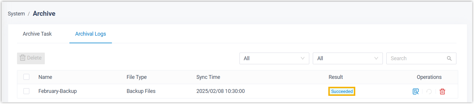 Archival Logs list showing task results