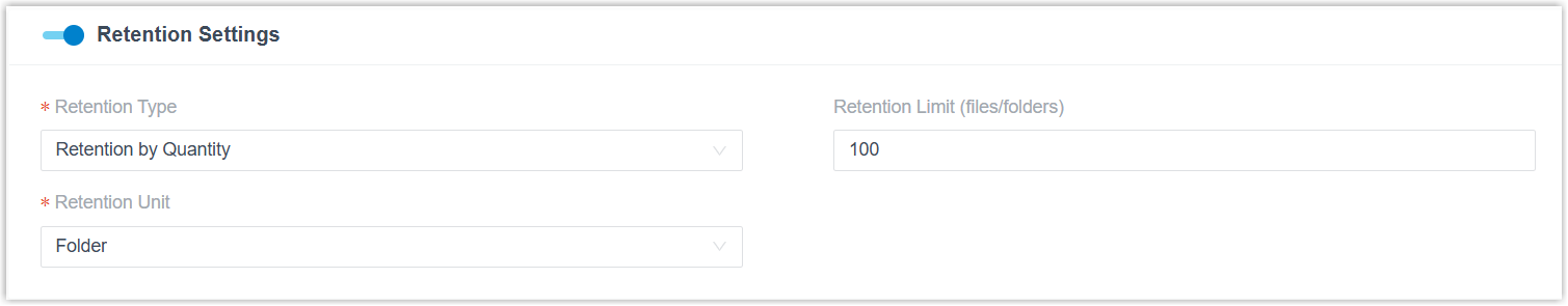 Retention settings with retention type, limit, and unit fields