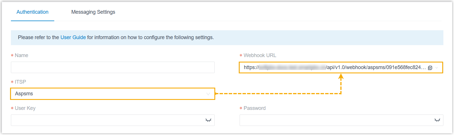 Channel authentication panel with the ITSP set to Aspsms and the webhook URL ready to copy