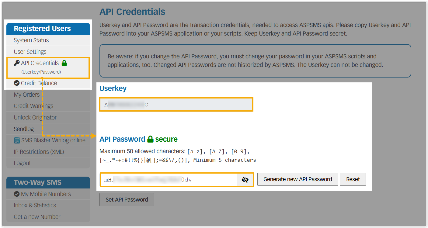 Aspsms API credentials page showing the Userkey and API password