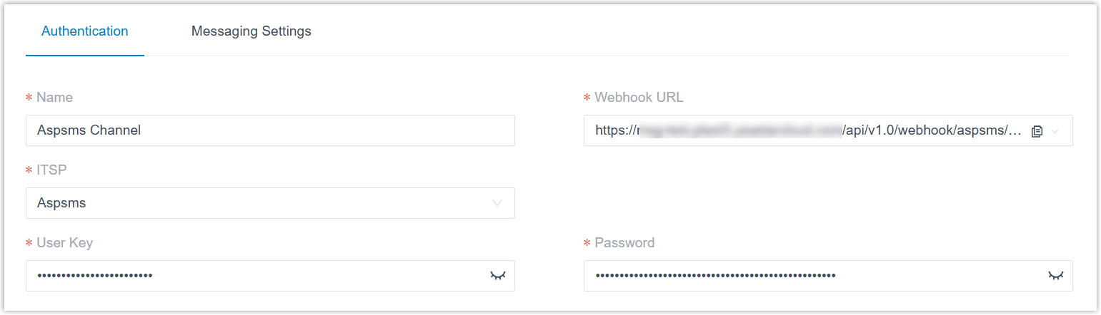 Channel authentication tab with fields for name, ITSP, user key, and password