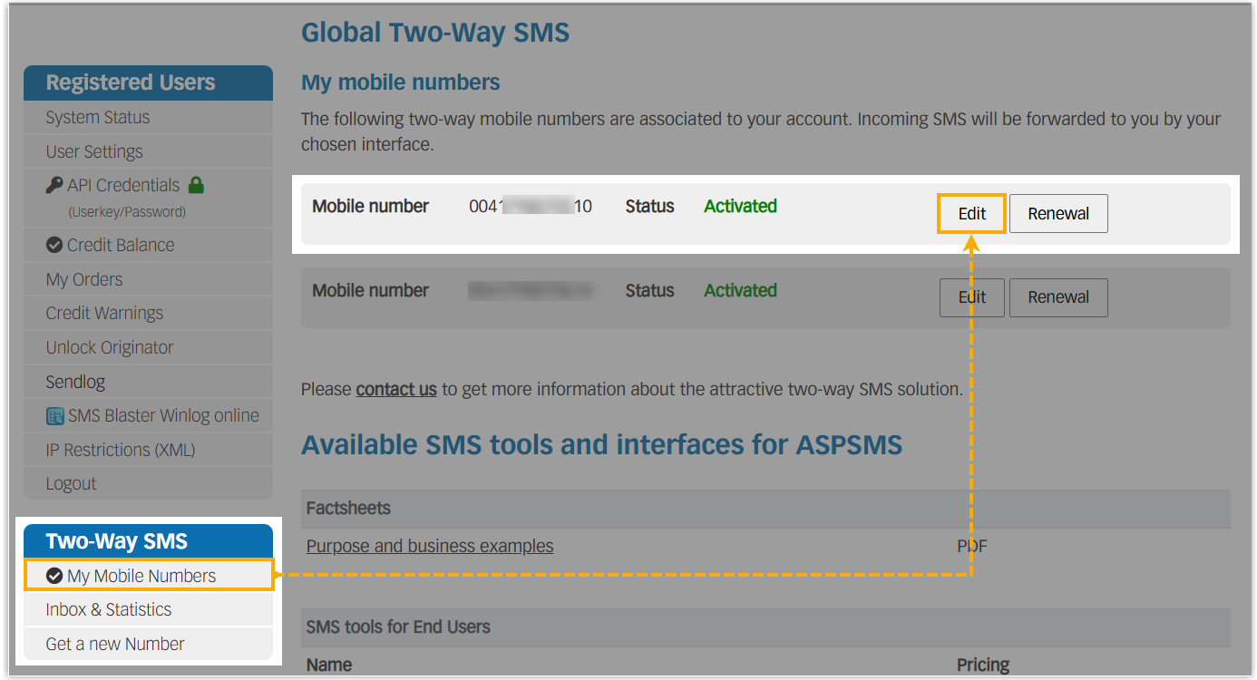 List of mobile numbers on Aspsms with an Edit control beside each entry