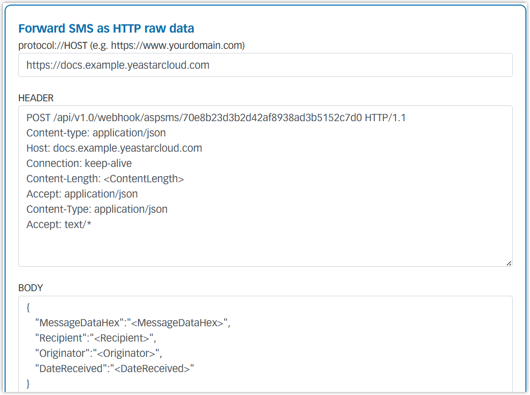 Cloud Voice, HTTP raw data forwarding form on Aspsms filled in with the webhook host, header, and body
