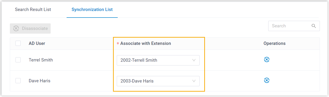 Associate with Extension drop-down list beside a synced user