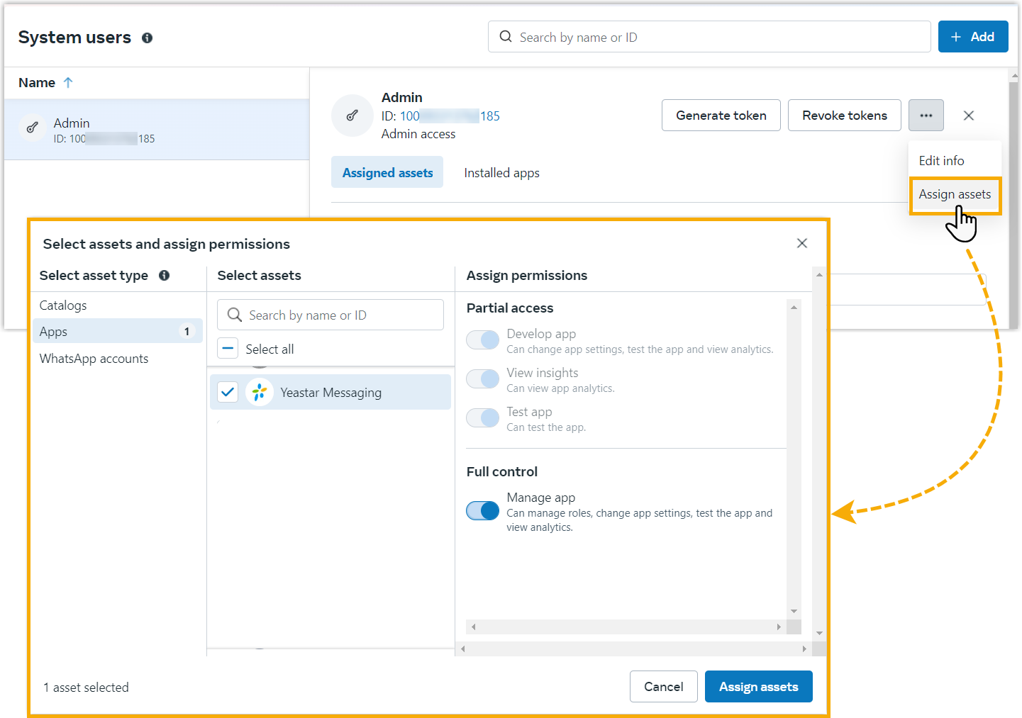 Cloud Voice, Add assets panel granting full control of the app to the system user