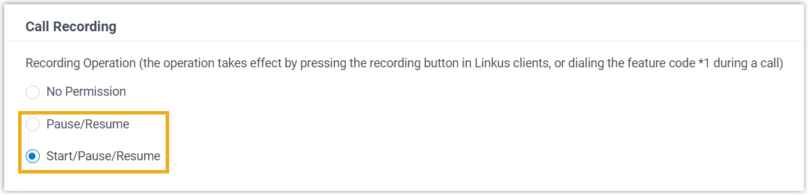 Cloud Voice, Call Recording permission options on an extension's Features tab