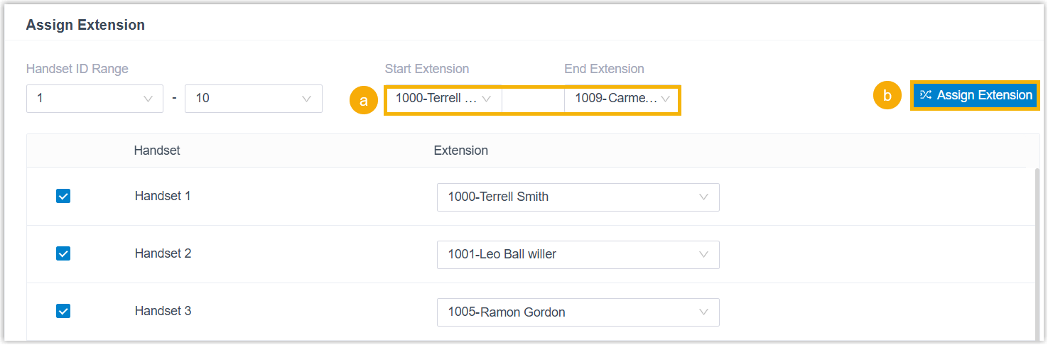 Assigning a range of extensions to multiple handsets at once