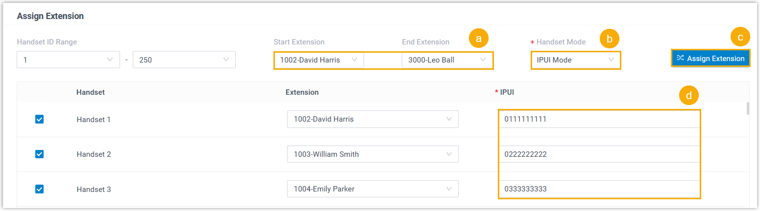 Assigning a range of extensions to multiple handsets at once