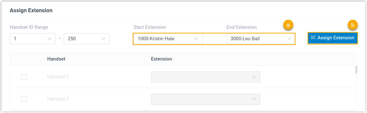Assigning a range of extensions to multiple handsets at once
