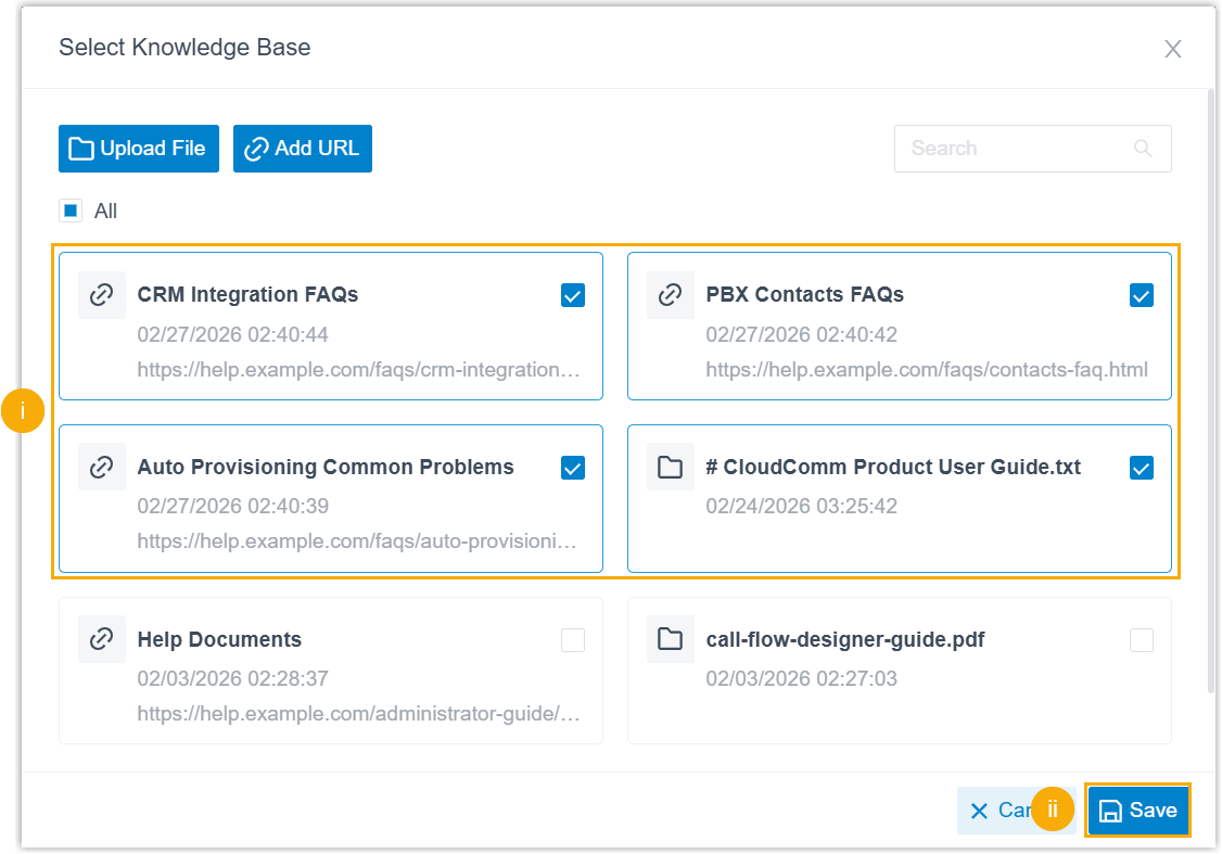 Knowledge base window with content entries selected for assignment