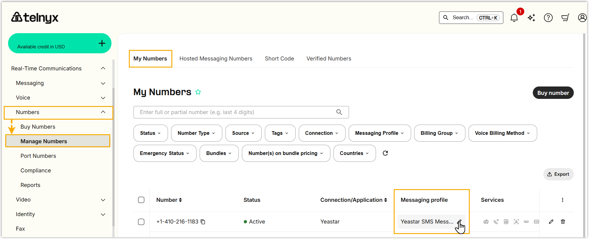Cloud Voice, assigning the message profile to the purchased Telnyx number