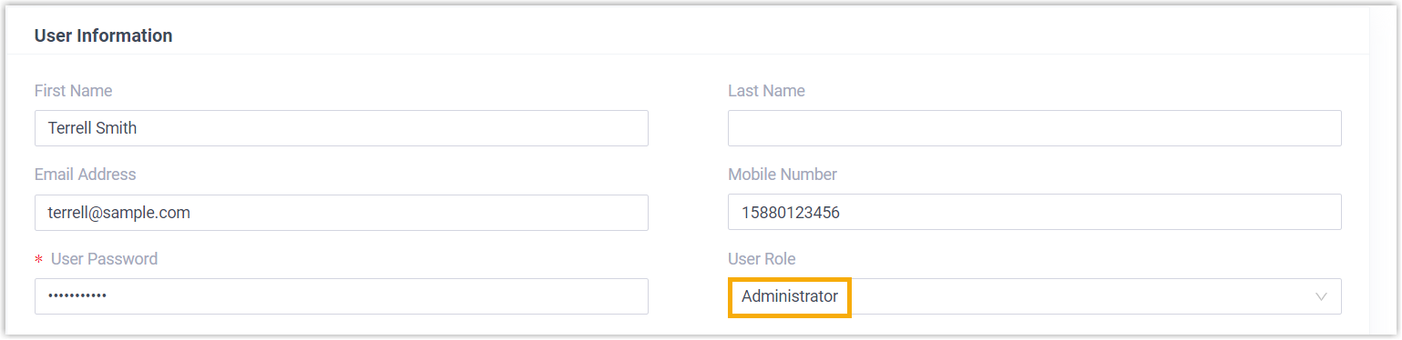 Extension user information with a role chosen from the user role drop-down