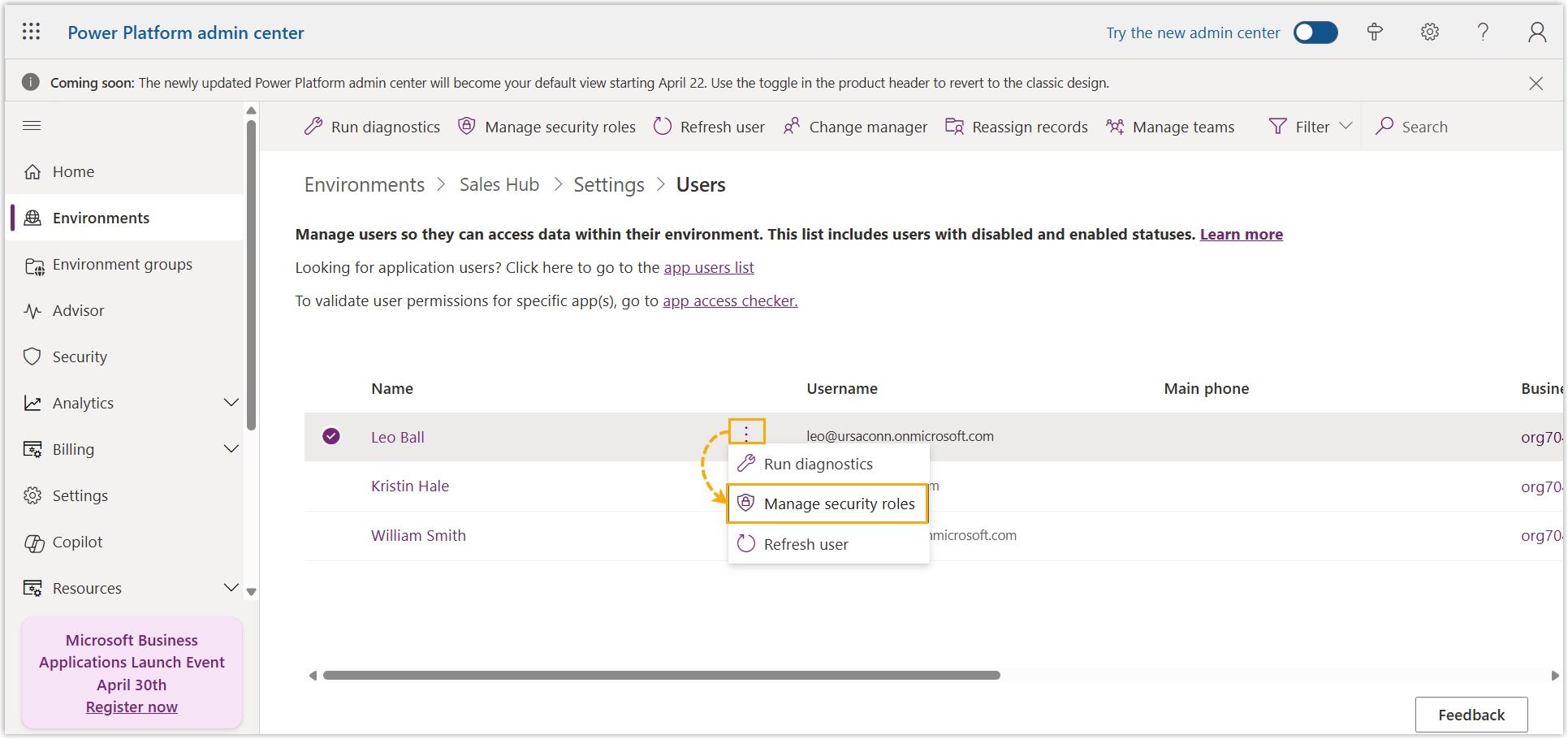 User row with the more-options menu open on Manage security roles