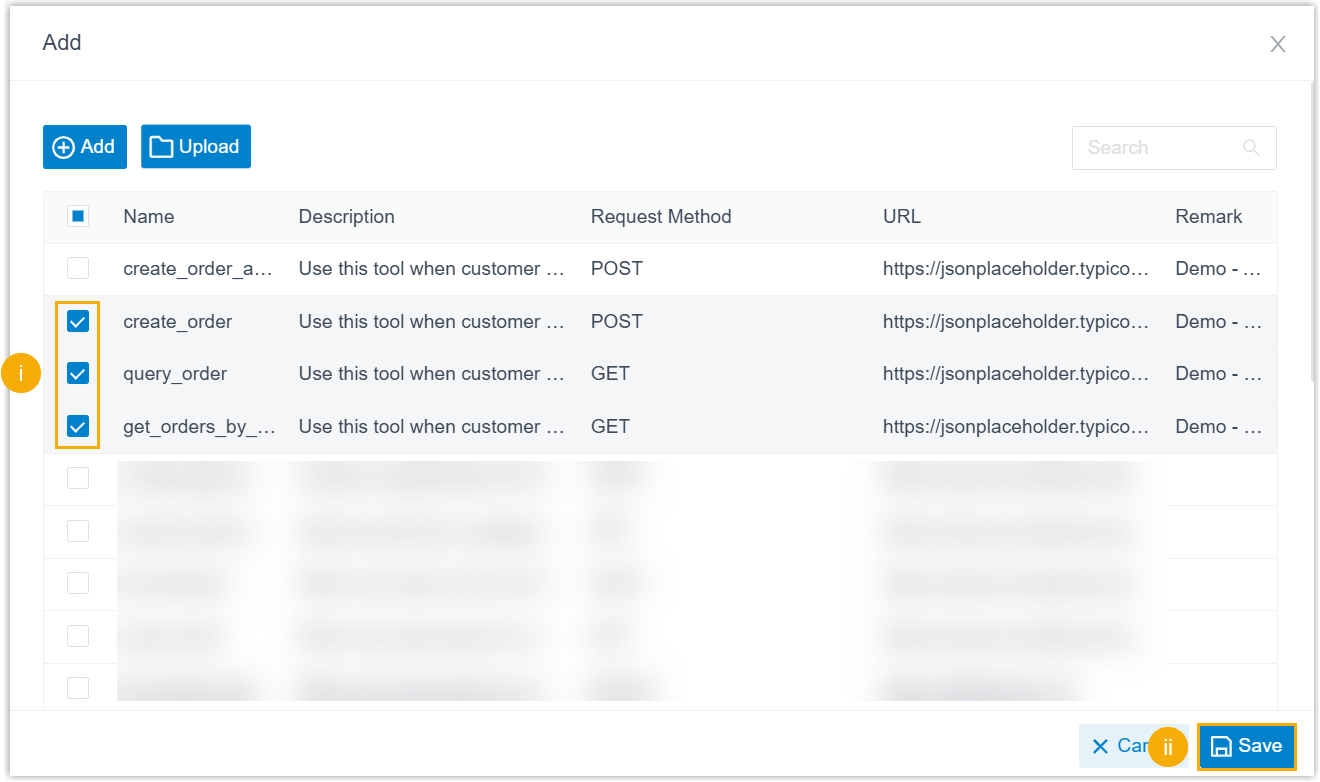 Tool selection window with tools chosen for assignment