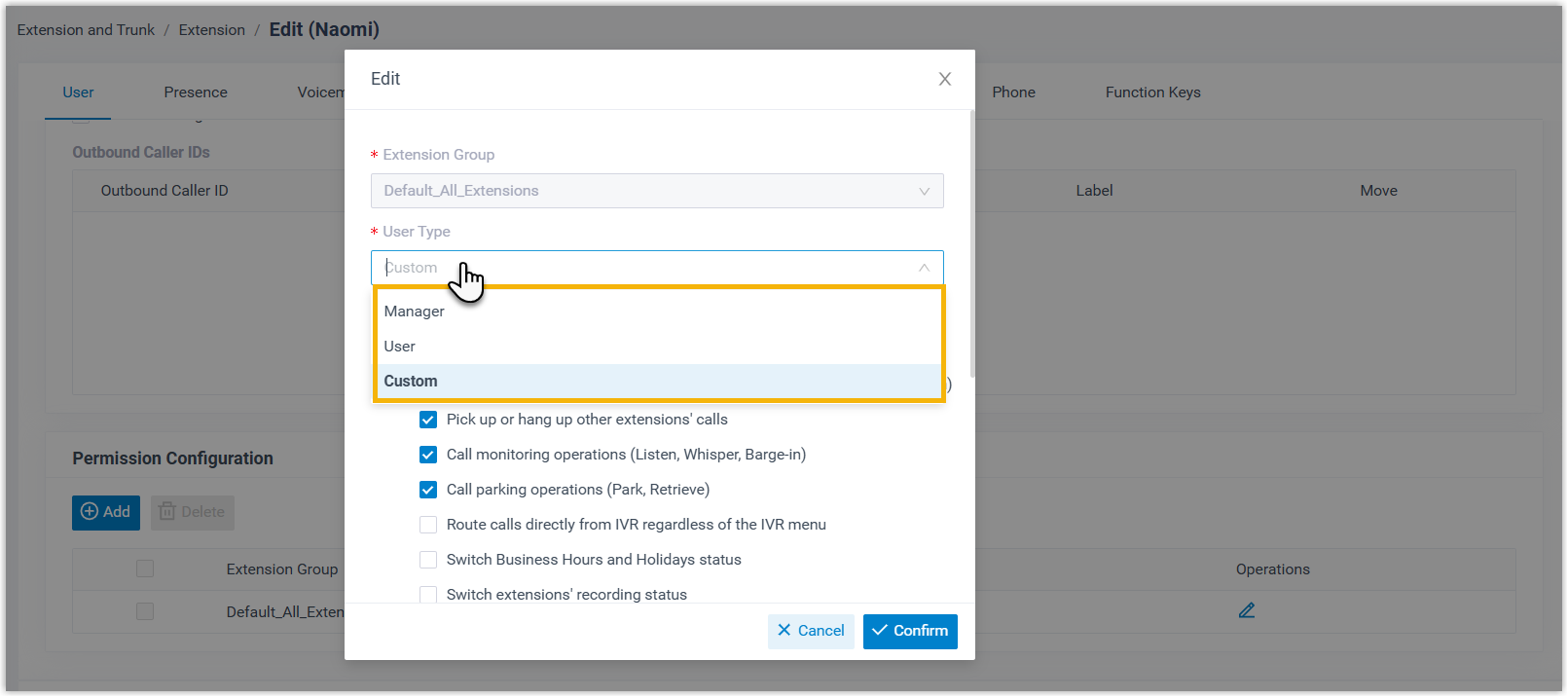 Selecting a user type and permissions for the extension within a group
