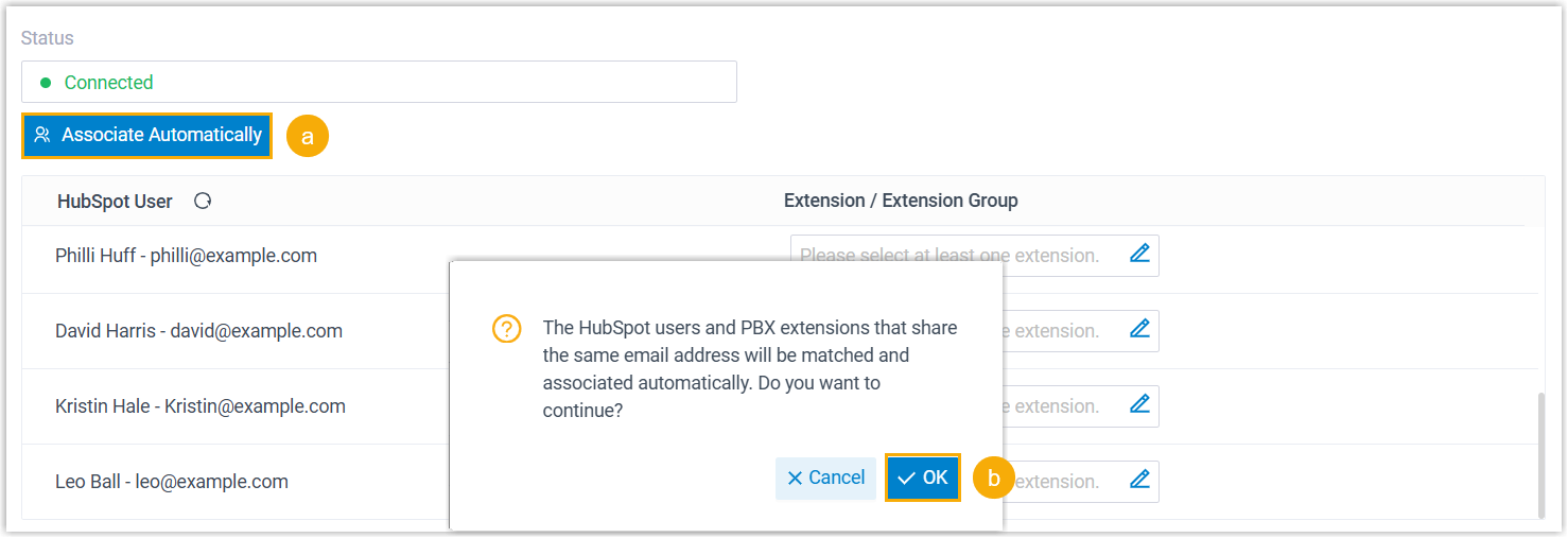 Automatic association of HubSpot users and extensions