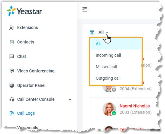 Filtering call history by communication type