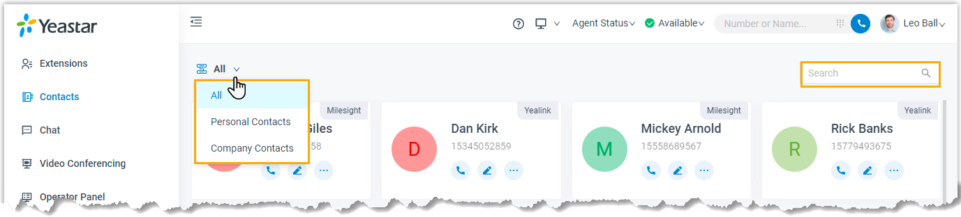 Cloud Voice, finding a contact in the contacts list