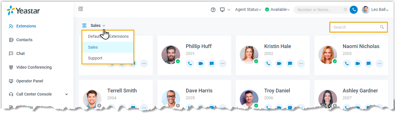 Cloud Voice, searching for a colleague in the Extensions list