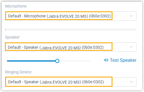 Multimedia Device settings with the Jabra headset chosen for microphone, speaker, and ringing