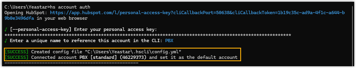 Cloud Voice, the terminal confirming the HubSpot account is authenticated