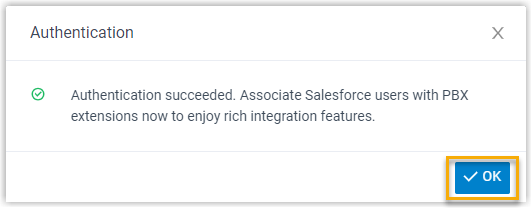 A pop-up confirming that authorization succeeded
