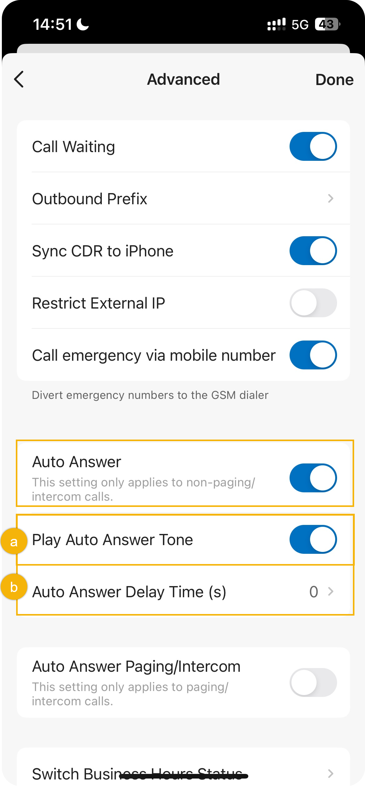 Auto answer options on the mobile app's advanced settings screen