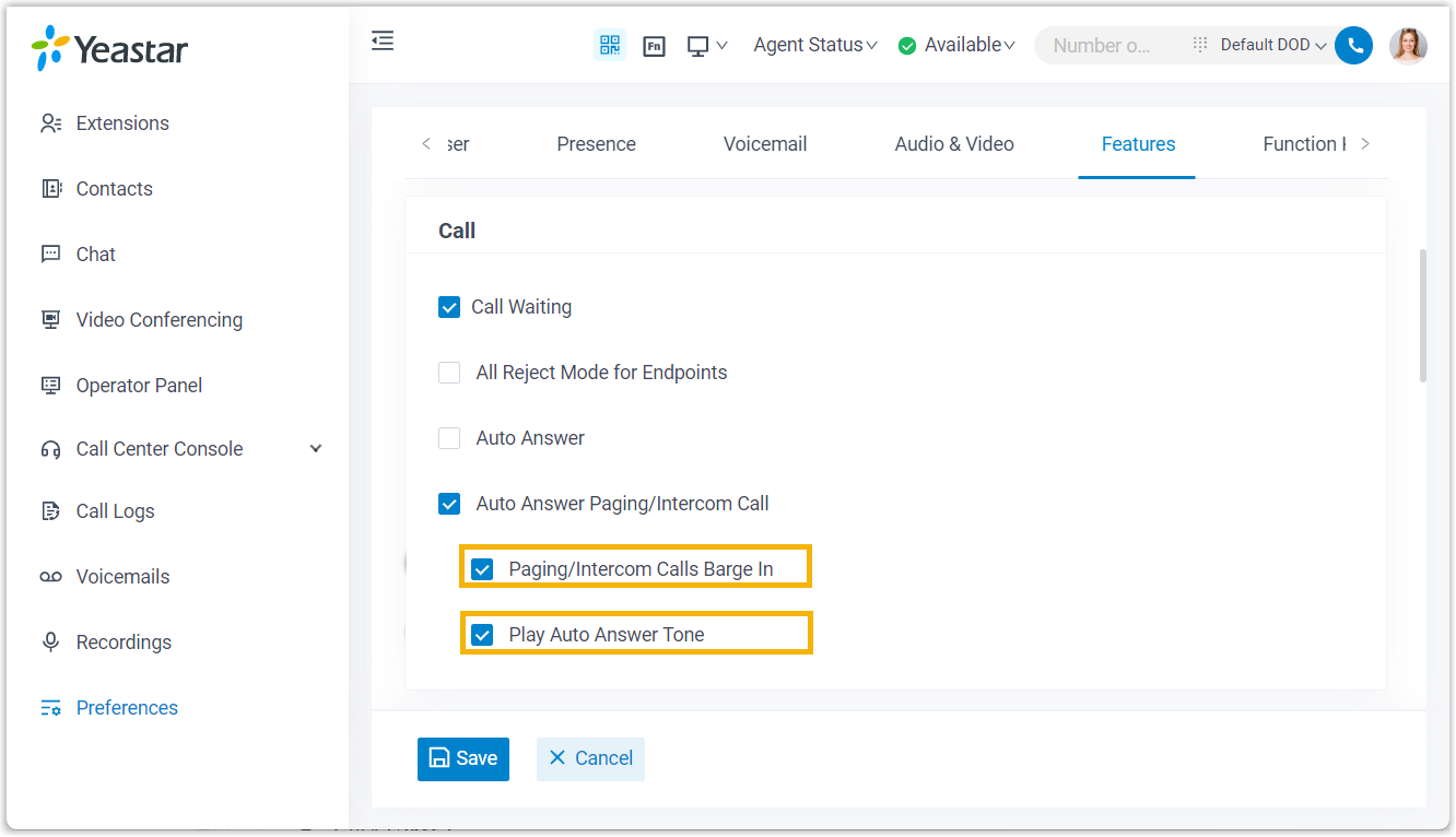 Cloud Voice, the Features preferences pane with the auto-answer option and its sub-settings enabled