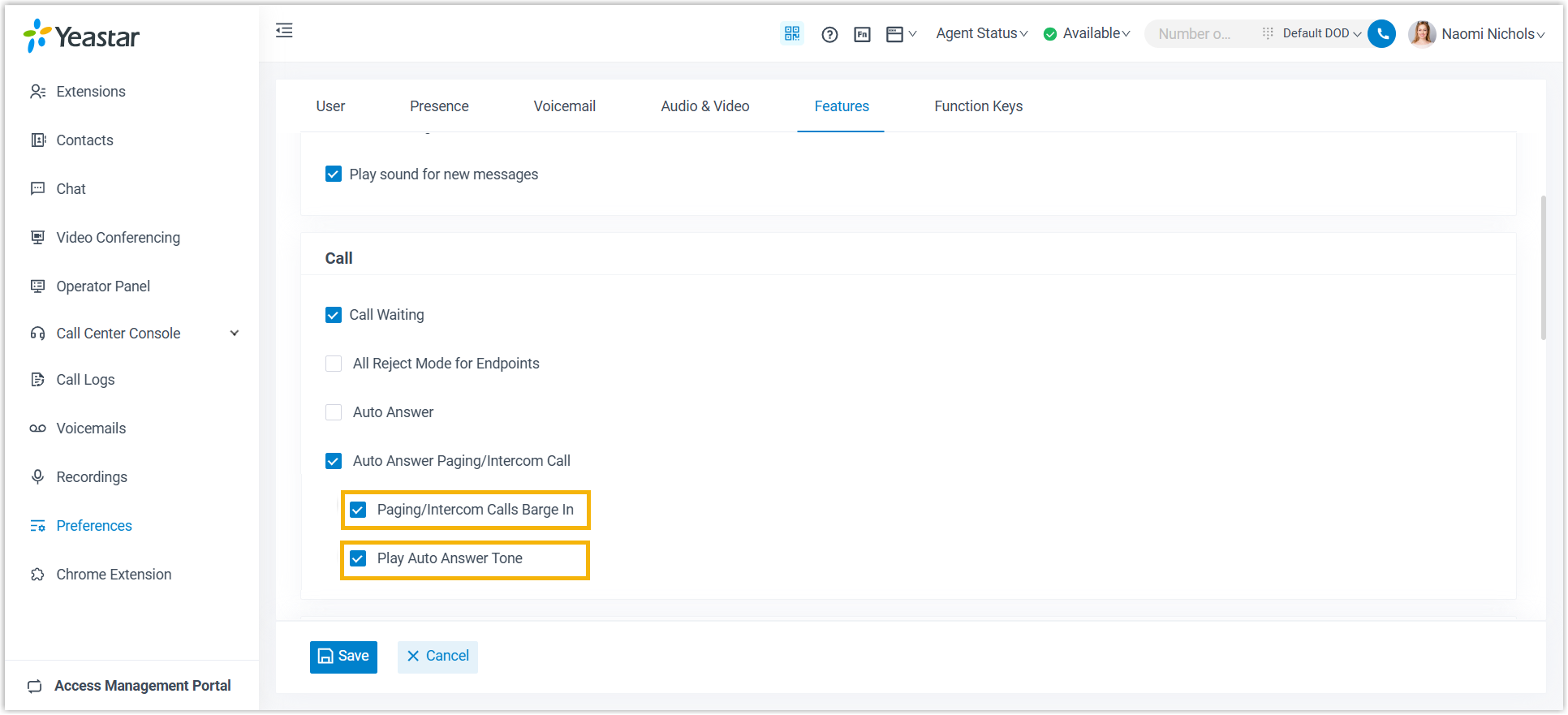 Cloud Voice, the Call section of Preferences with the auto answer paging and intercom checkbox and its sub-options