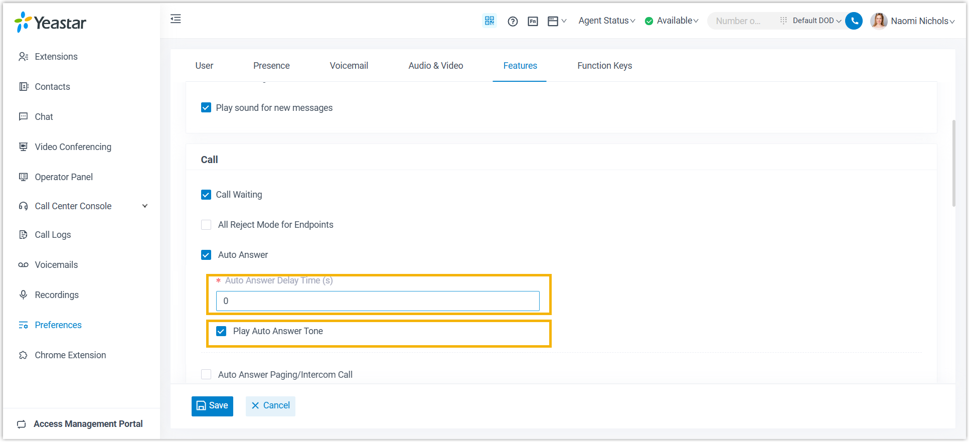 Cloud Voice, Call preferences with the Auto Answer option enabled and its delay and tone settings